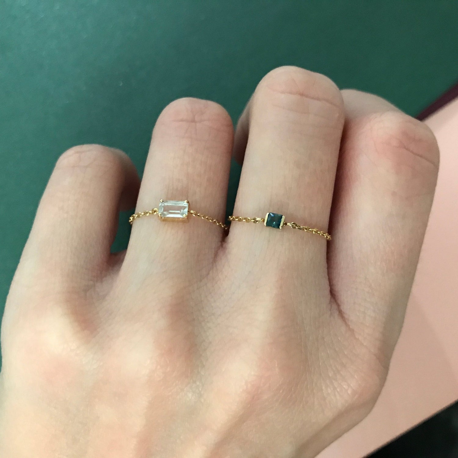 White Topaz Chain Ring 14k gold Stackable ring on model