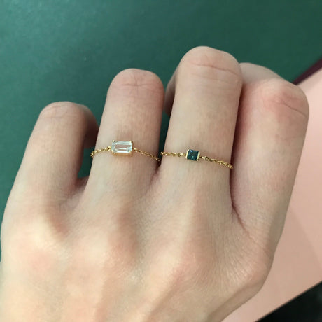 White Topaz Chain Ring 14k gold Stackable ring on model