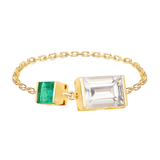 White Topaz & Emerald Chain Ring 18k gold Stackable ring