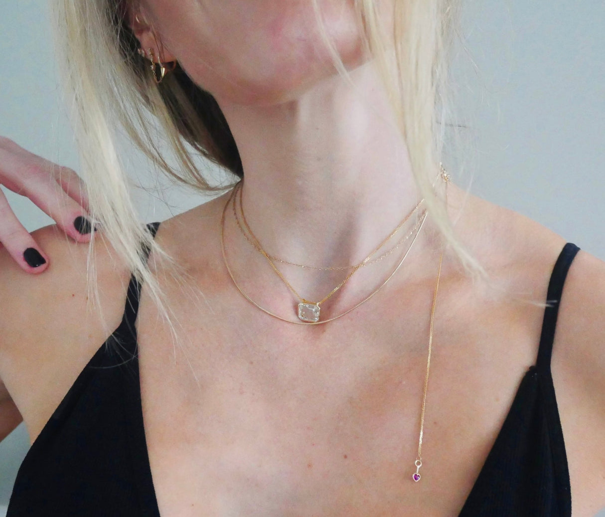 White Topaz Leya Necklace 18k gold handmade fine jewelry on model 2