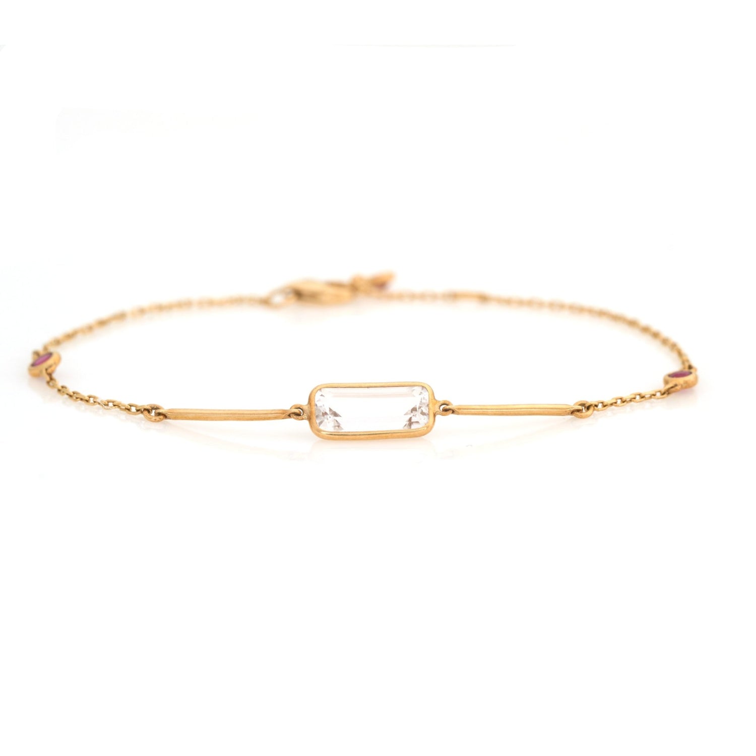 White Topaz & Ruby Bar Bracelet 18k gold stackable design