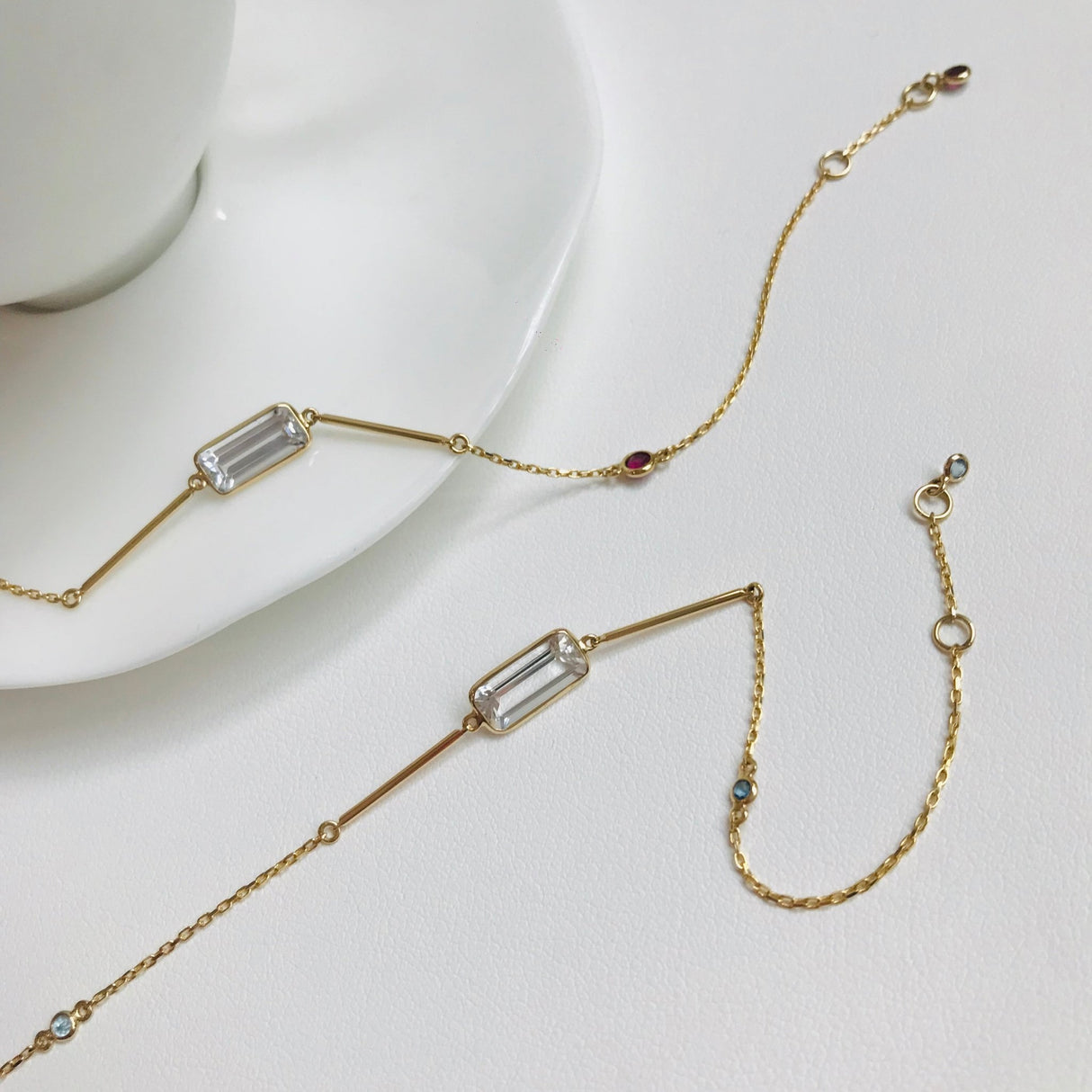 White Topaz & Ruby Bar Bracelet 18k gold stackable design 2