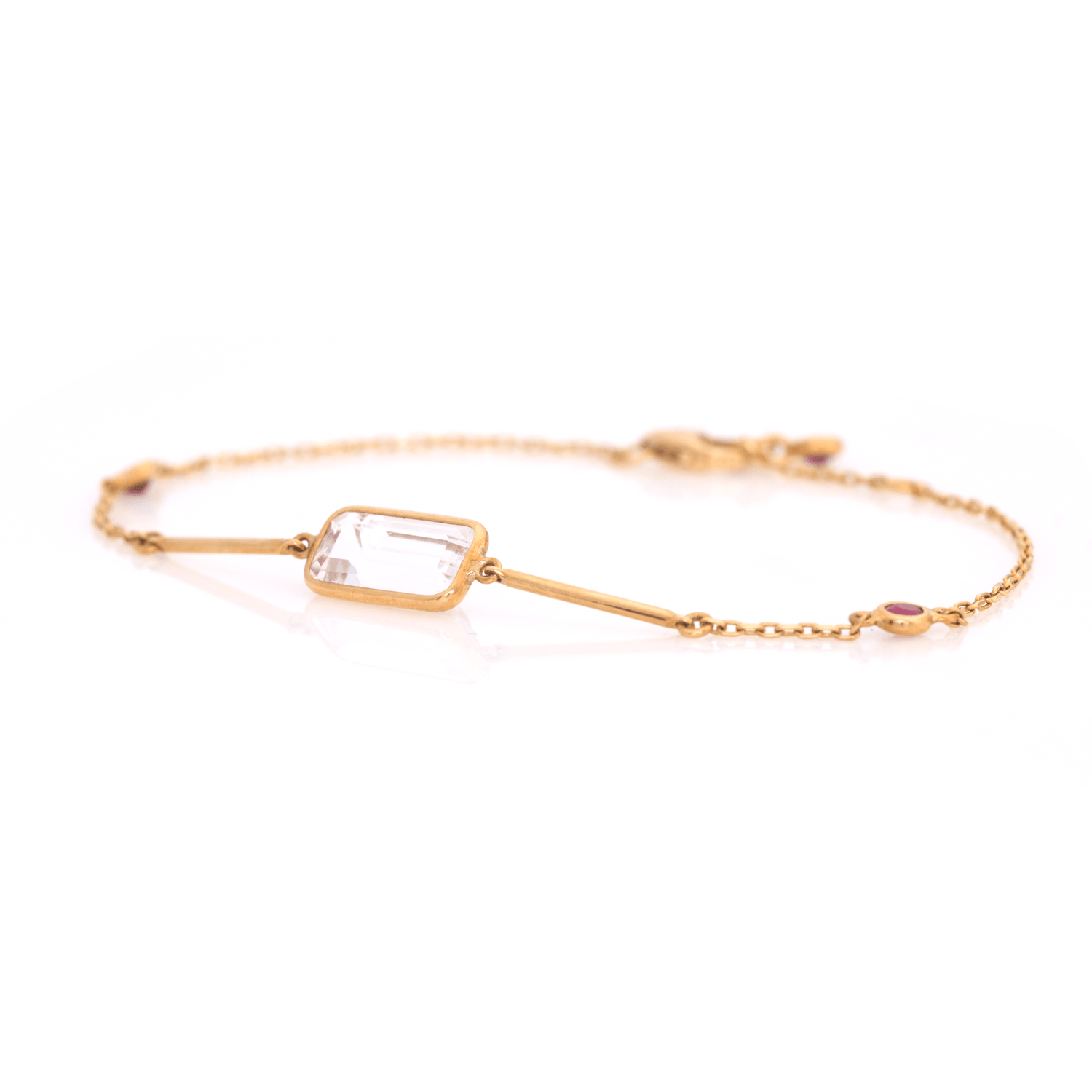 White Topaz & Ruby Bar Bracelet 18k gold stackable design side view