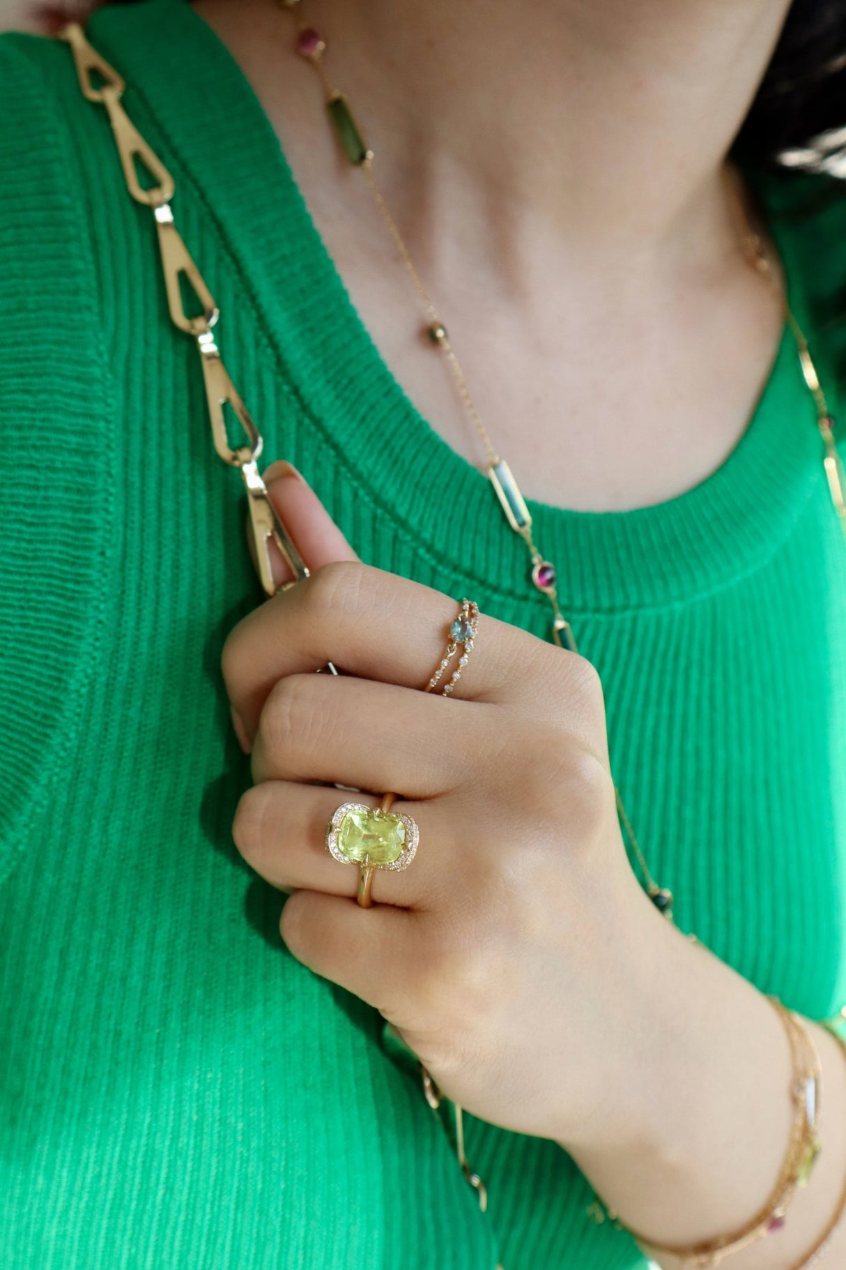 Yellow Chrysoberyl Aurora Ring 18k gold engagement ring on hand 3