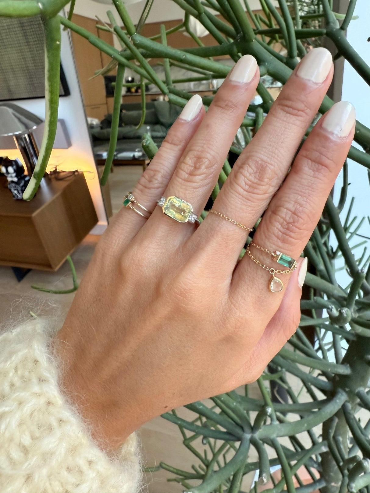 Yellow Chrysoberyl & Diamond Forever Ring 18k gold engagement ring on model