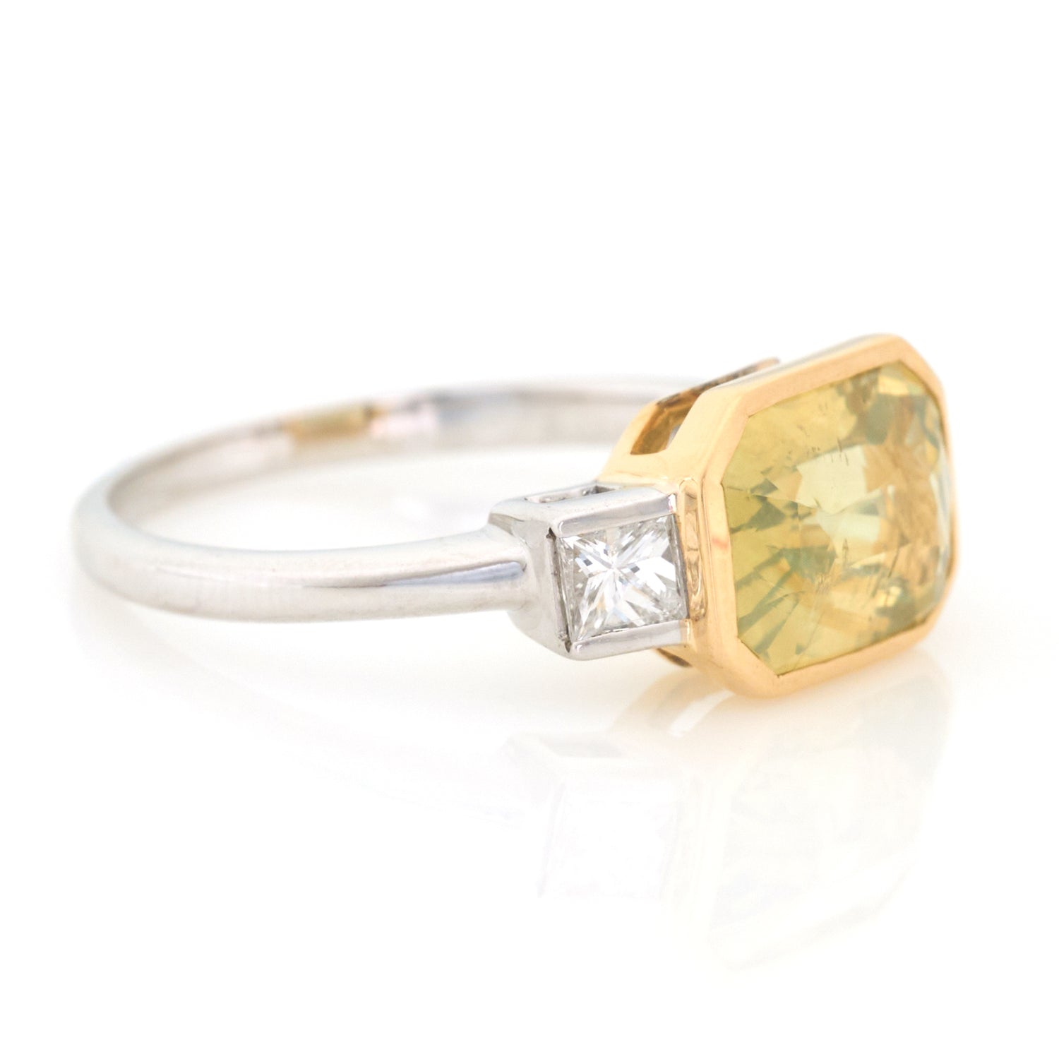 Yellow Chrysoberyl & Diamond Forever Ring 18k gold engagement ring side view