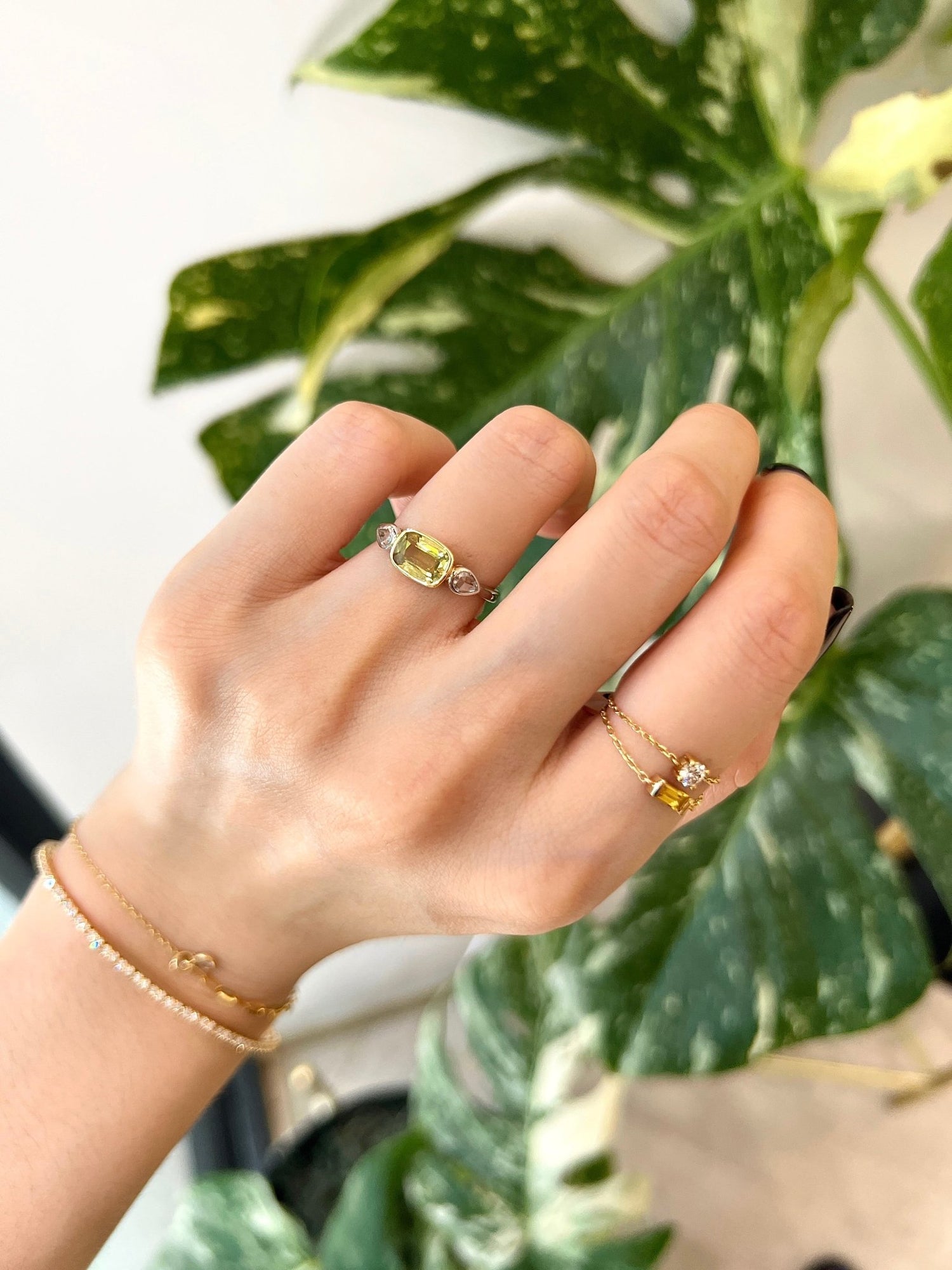 Yellow Chrysoberyl &  Rose Cut Diamond Ring 18k gold engagement ring on model