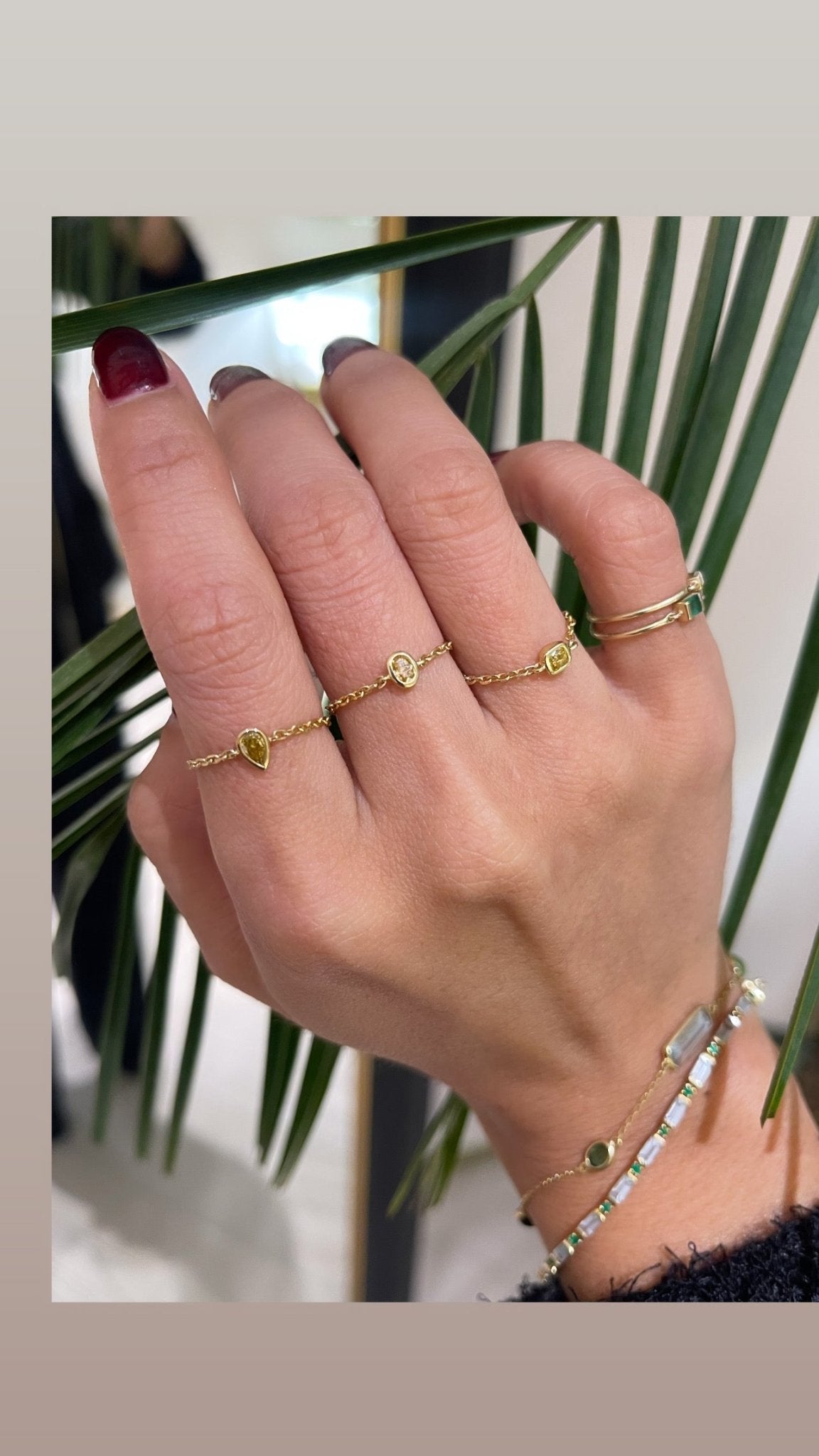 Yellow Diamond Cushion Chain Ring 18k gold Stackable ring on model