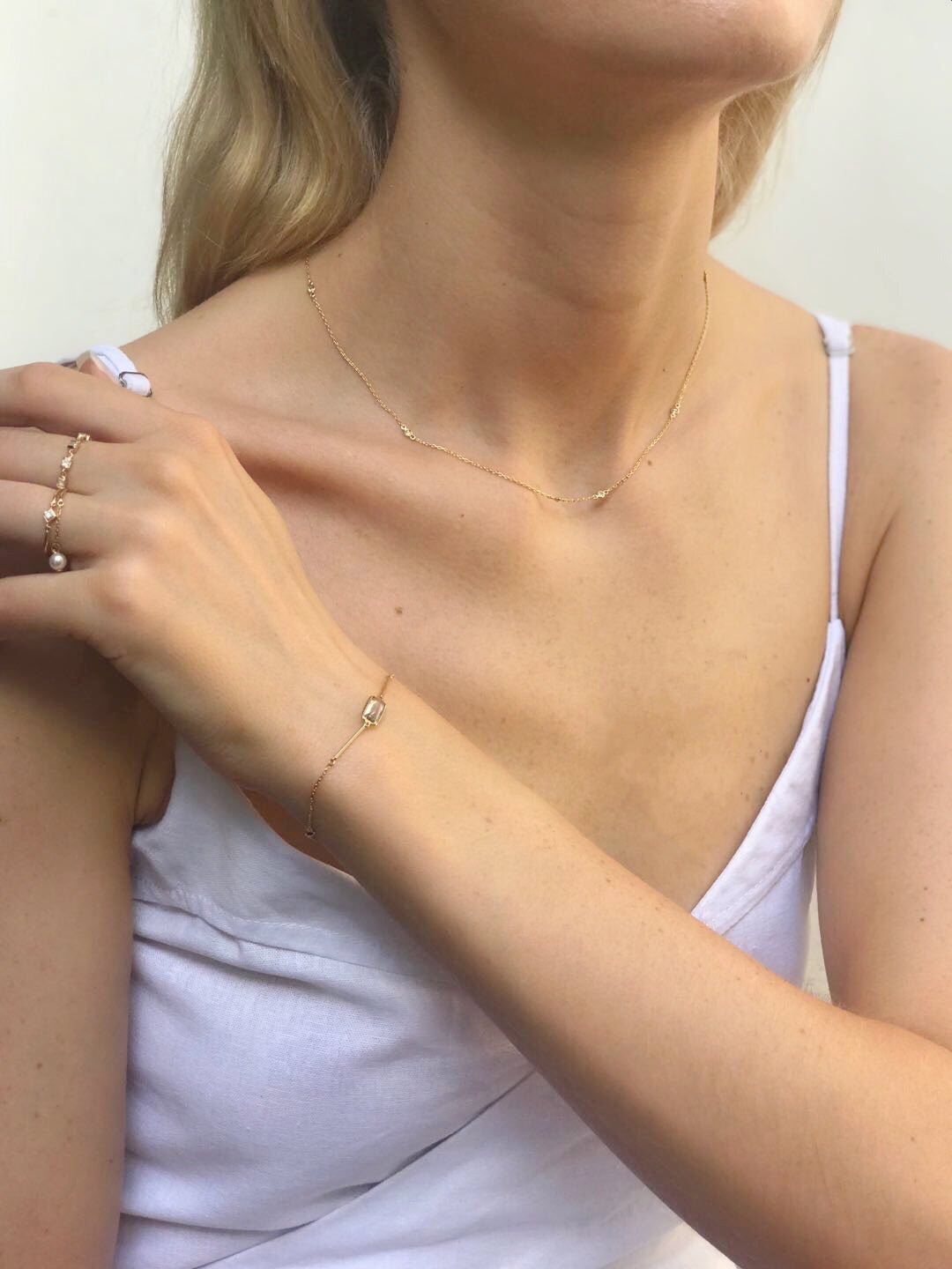 Yellow Diamond Dot Necklace 18k gold handmade fine jewelry on model