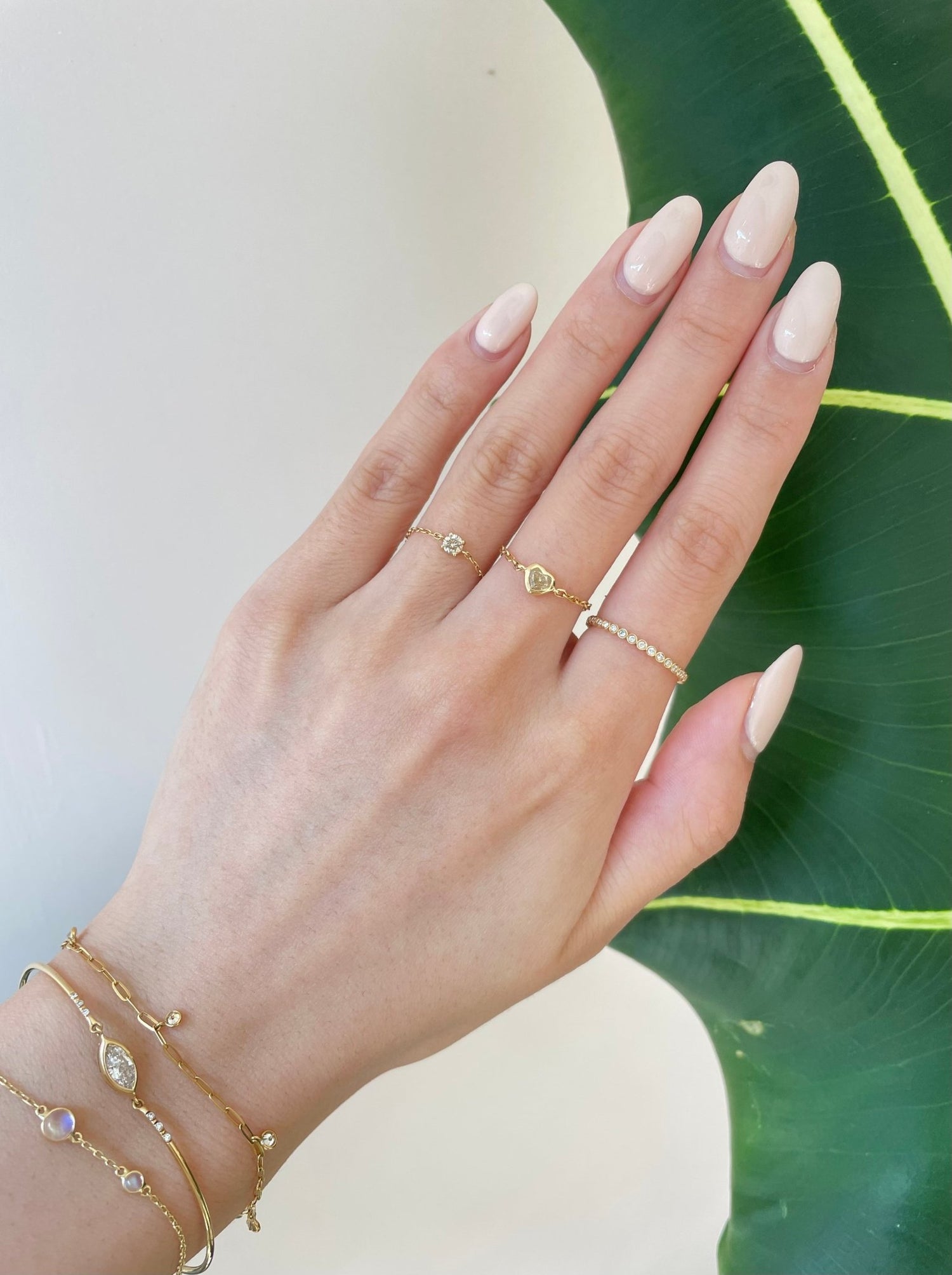 Yellow Diamond Heart Chain Ring 18k gold Stackable ring on model