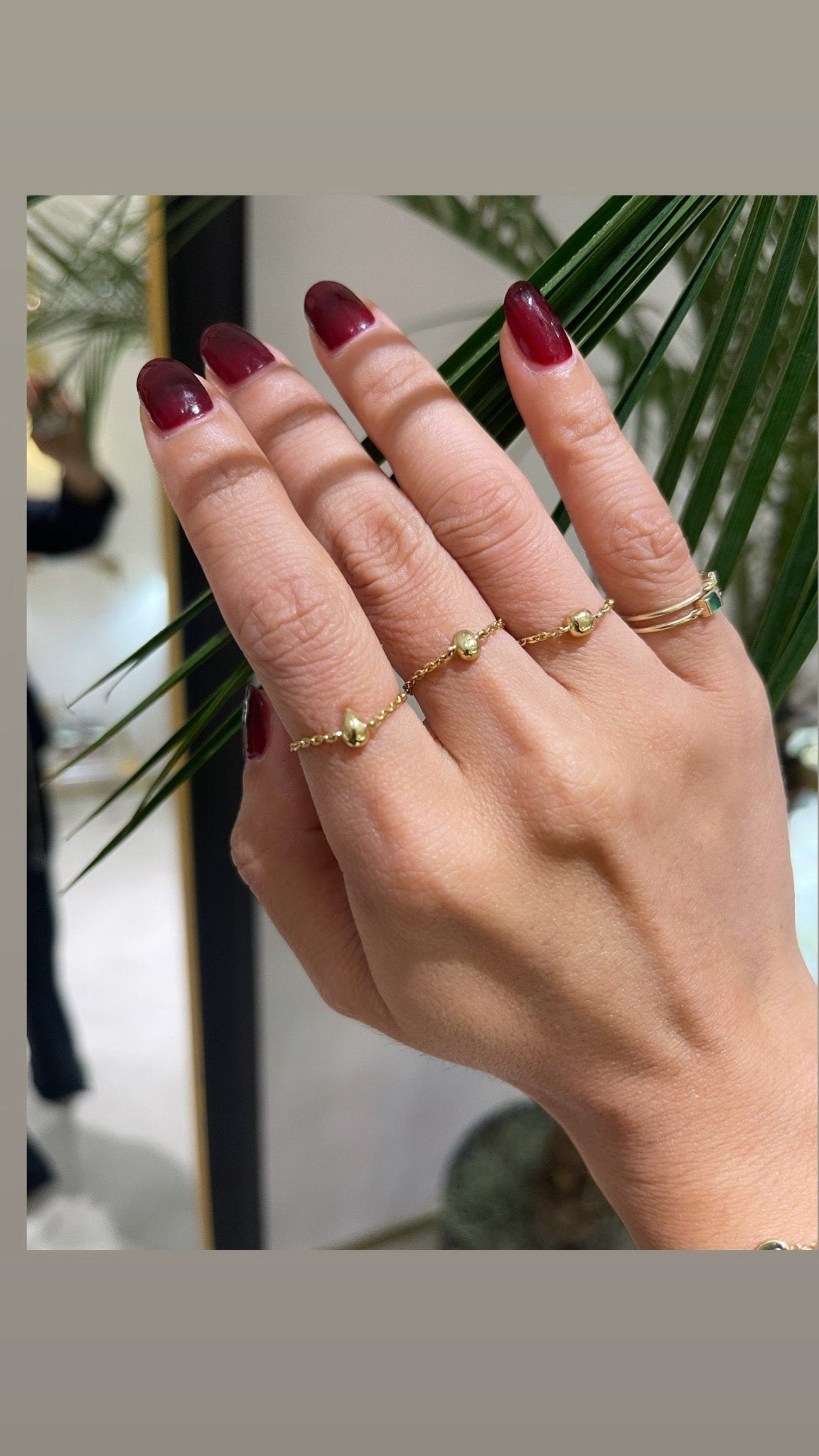 Yellow Diamond Oval Button Chain Ring 18k gold Stackable ring on model