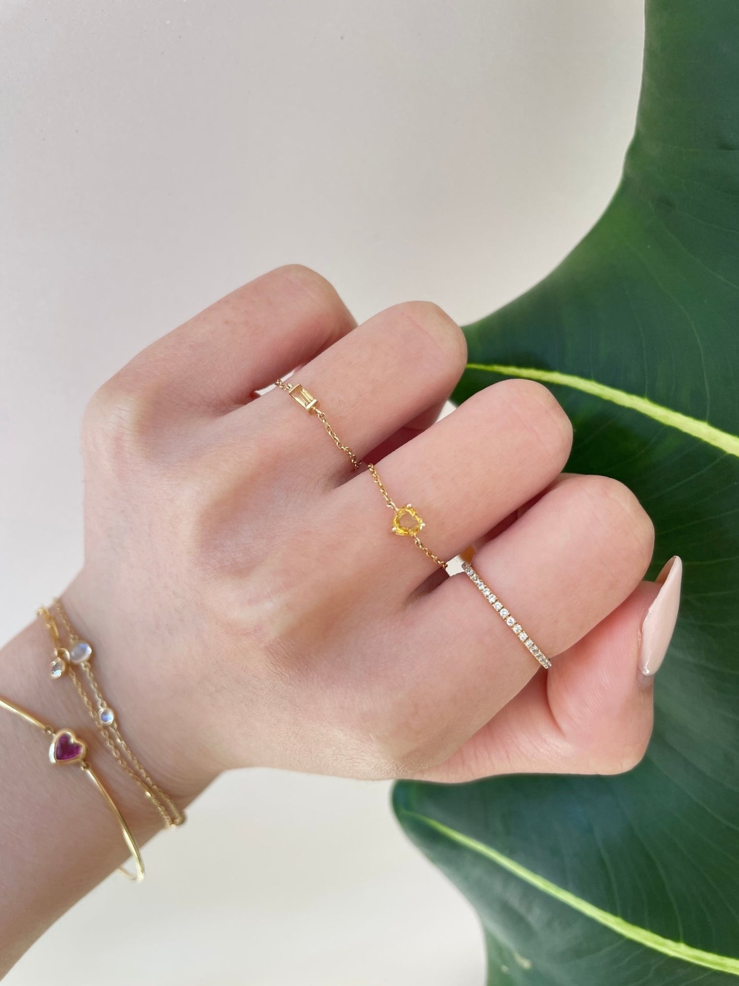 Yellow Sapphire Baguette Chain Ring 14k gold Stackable ring on model