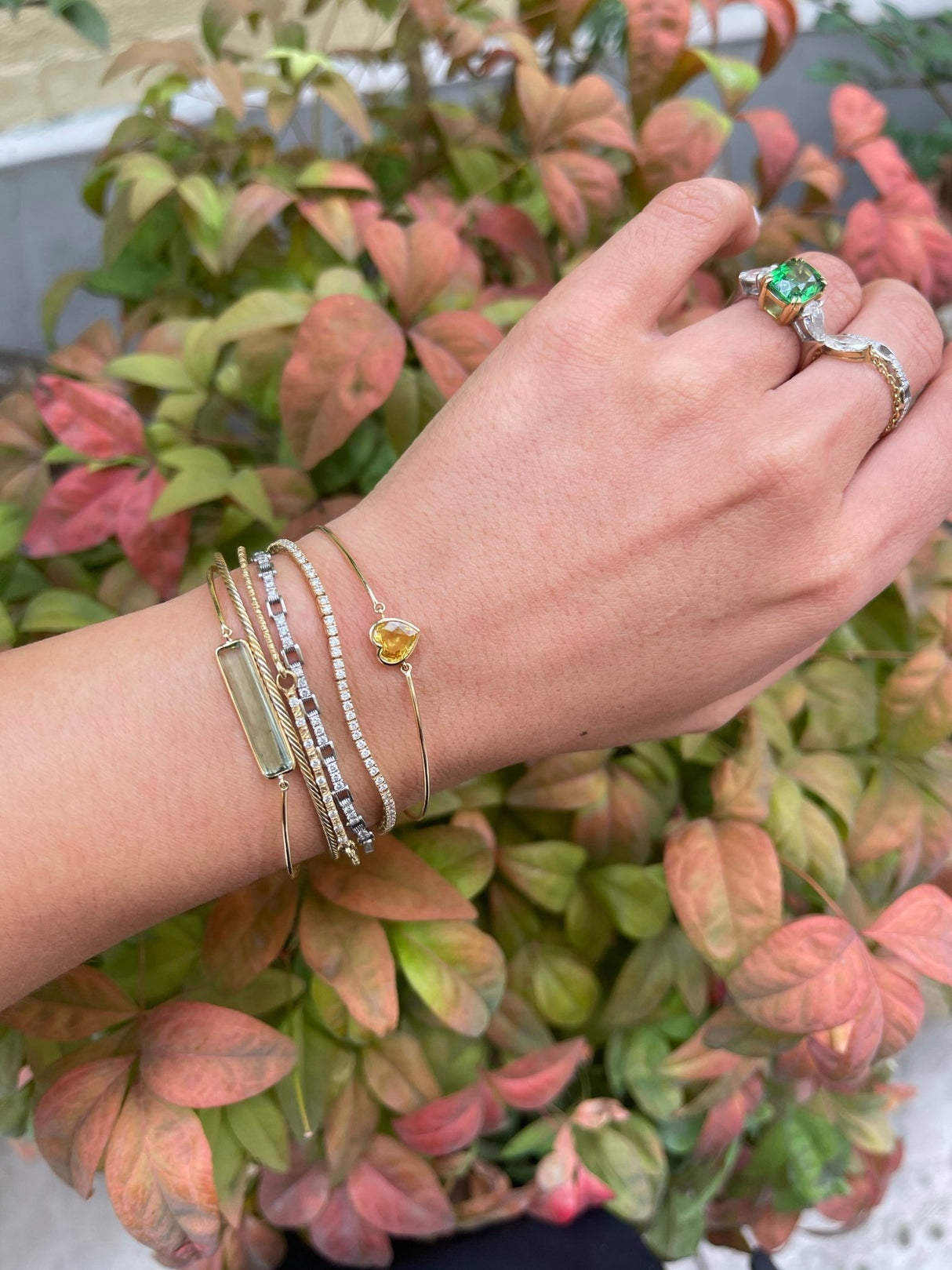 Yellow Sapphire Heart Bangle 18k gold Stackable design on model