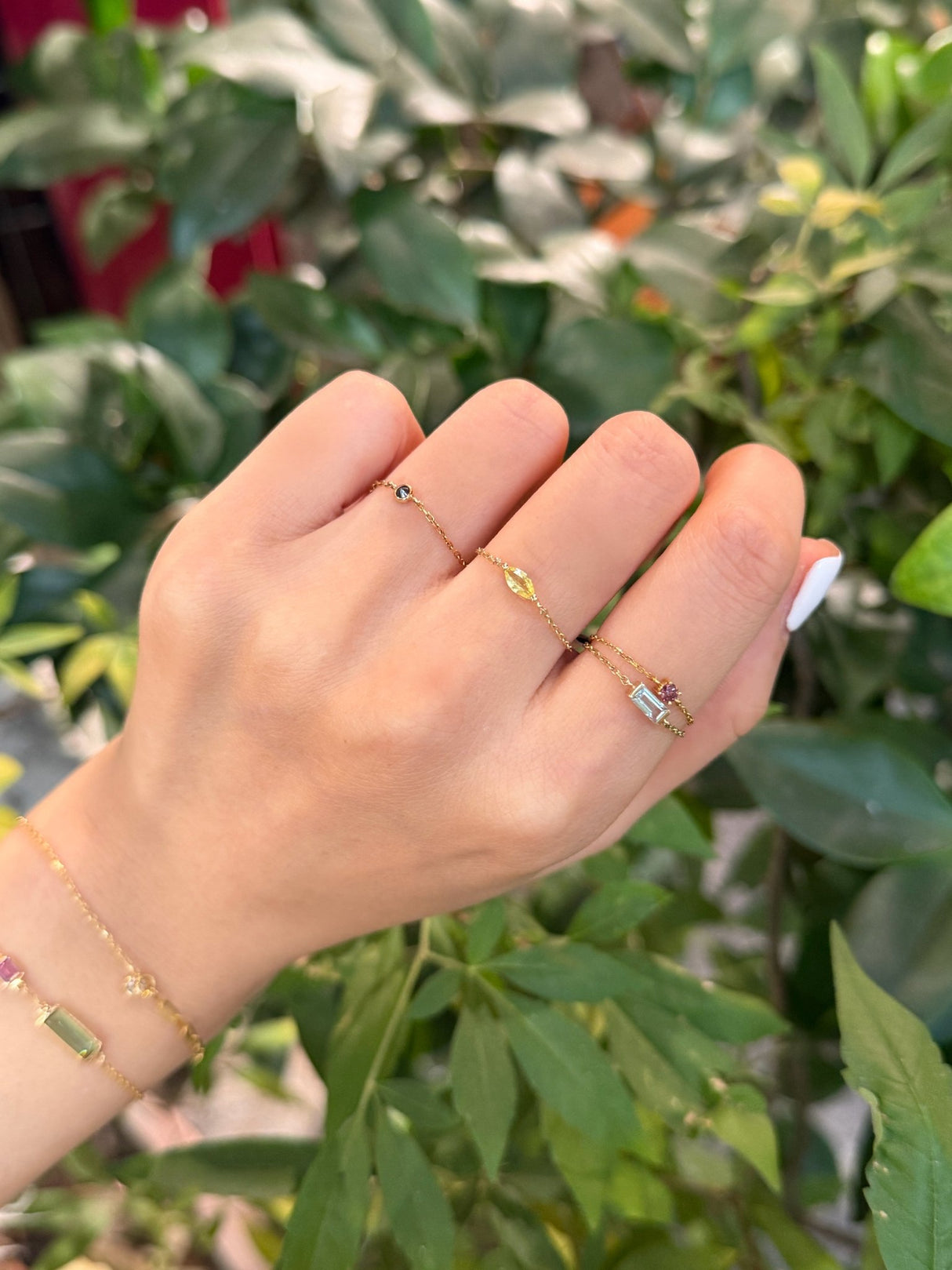 Yellow Sapphire Marquise Chain Ring 14k gold Stackable ring on model