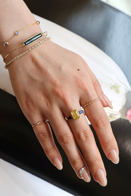 Sapphire Triplet Bar Ring 18k gold stackable ring on model