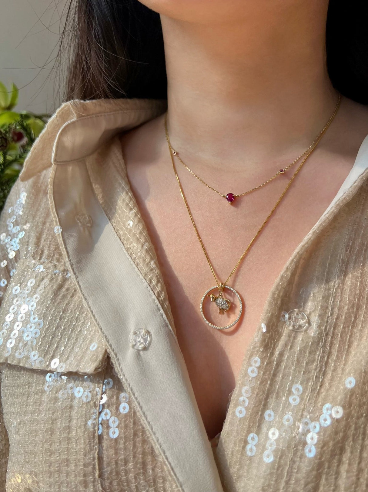 Zodiac Dog Pendant Necklace on model 2