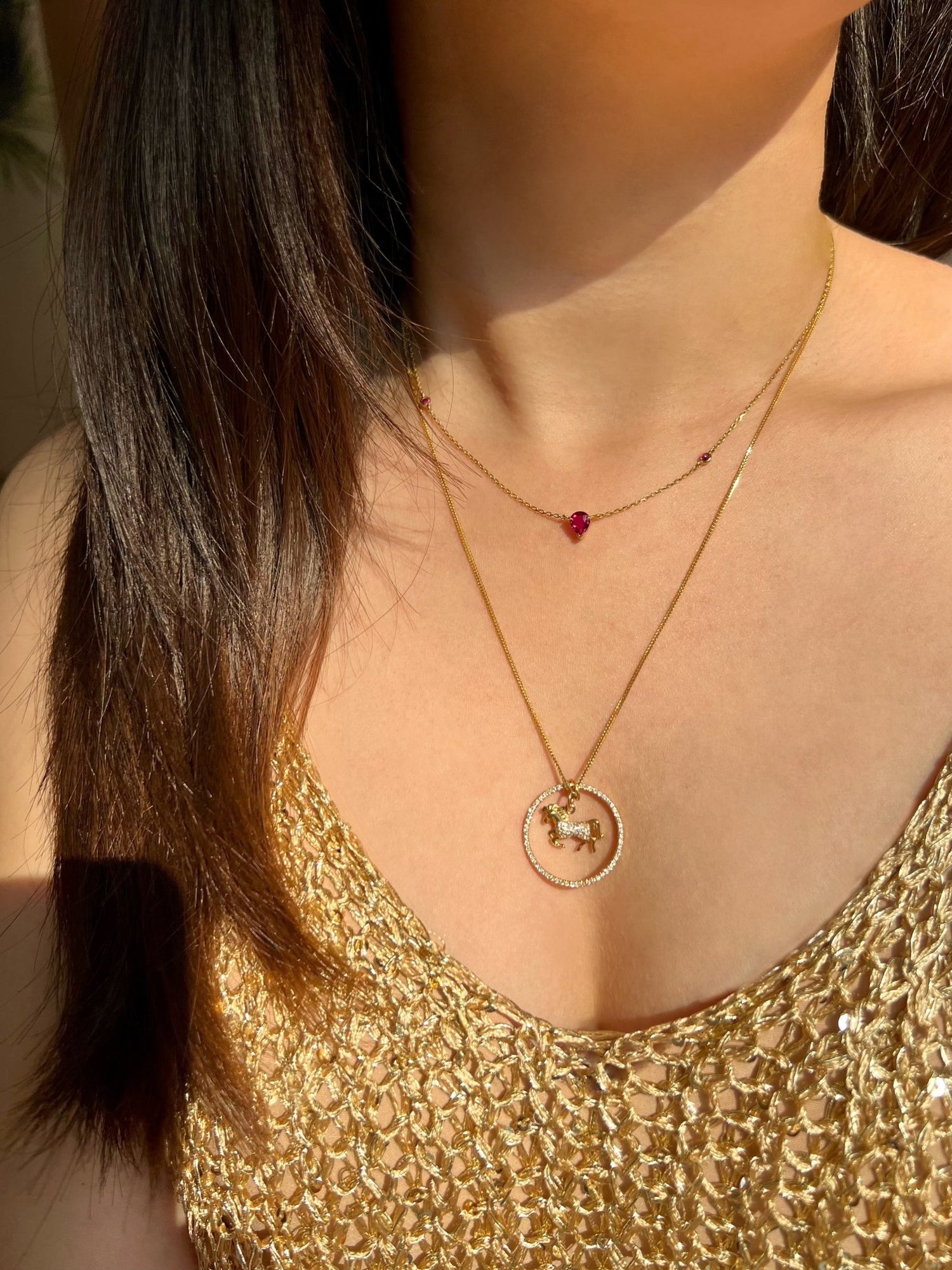 Zodiac Horse Pendant Necklace on model 1