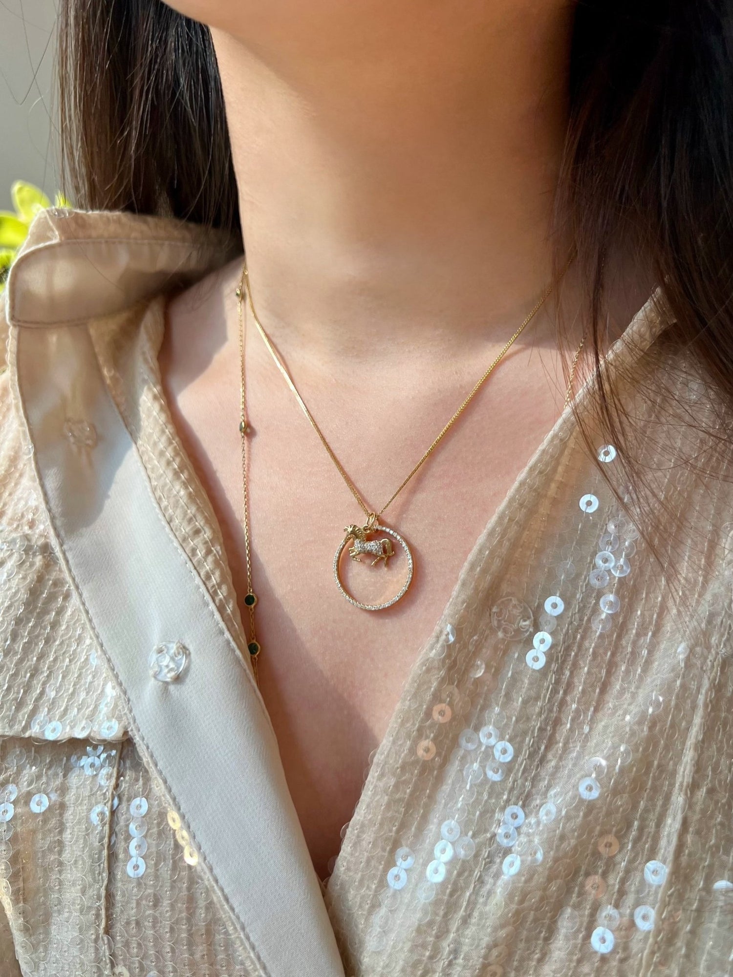 Zodiac Horse Pendant Necklace on model 2