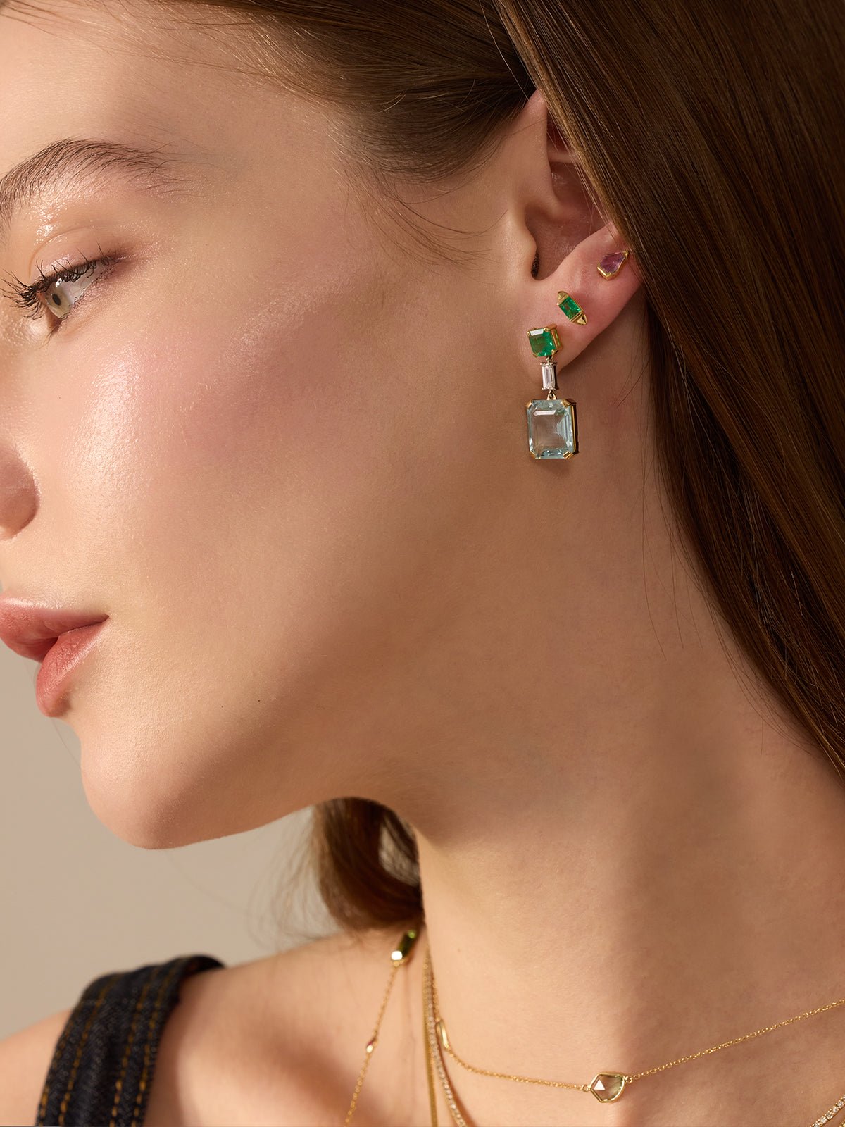 Emerald & Aquamarine Spring’s Dewdrop Earrings. Exquisite handcrafted 18k earrings by female artisans in our Bangkok studio.