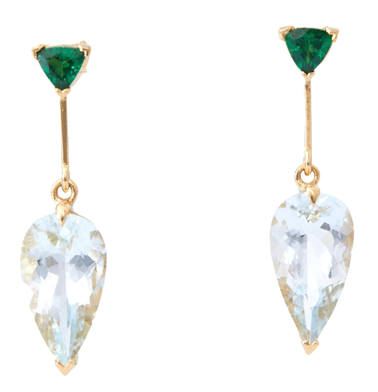 A pair of dangle earrings featuring vivid green tsavorite garnet at the top and clear Aquamarine stones in a teardrop shape at the bottom, set in gold mounting. Handmade by female artisans with sustainably mined gemstones 