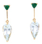 A pair of dangle earrings featuring vivid green tsavorite garnet at the top and clear Aquamarine stones in a teardrop shape at the bottom, set in gold mounting. Handmade by female artisans with sustainably mined gemstones 