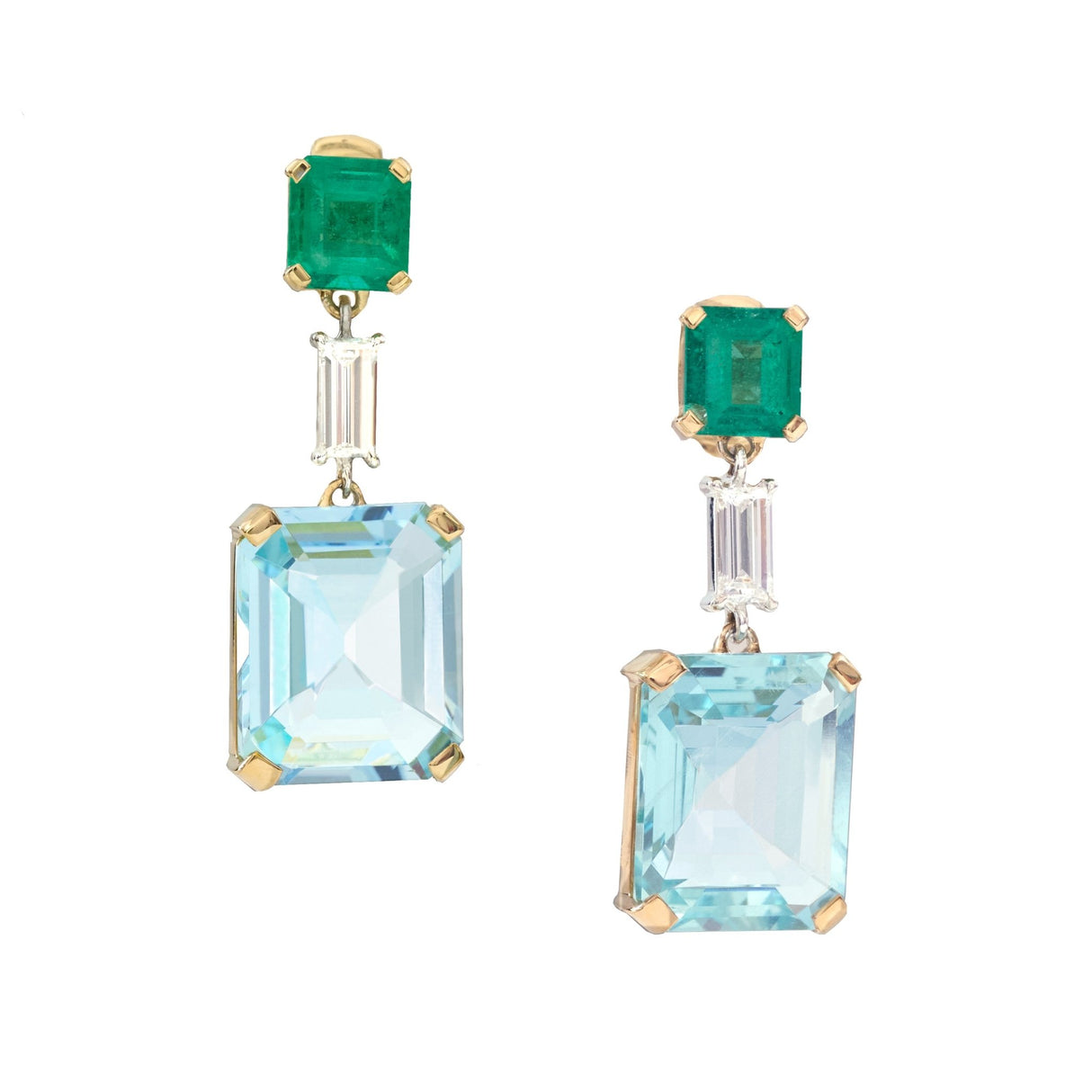Emerald & Aquamarine Spring’s Dewdrop Earrings. Exquisite handcrafted 18k earrings by female artisans in our Bangkok studio. Vivid green emerald paired with aquamarines from Madagascar and emeralds from Gemfields. Sustainably sourced and adds just the right pop of color. 