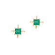 Gold earrings with green emerald gemstones on a white background