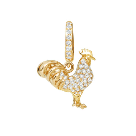 Gold rooster-shaped pendant with diamond accents on a white background