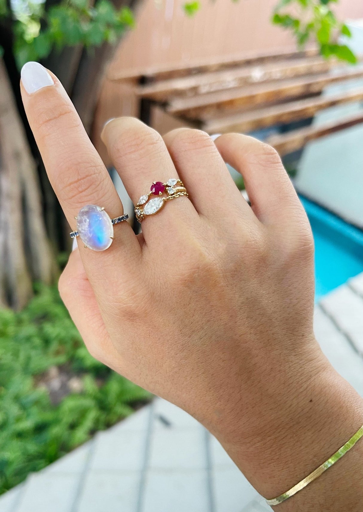Rainbow Moonstone & Sapphire Globe Ring