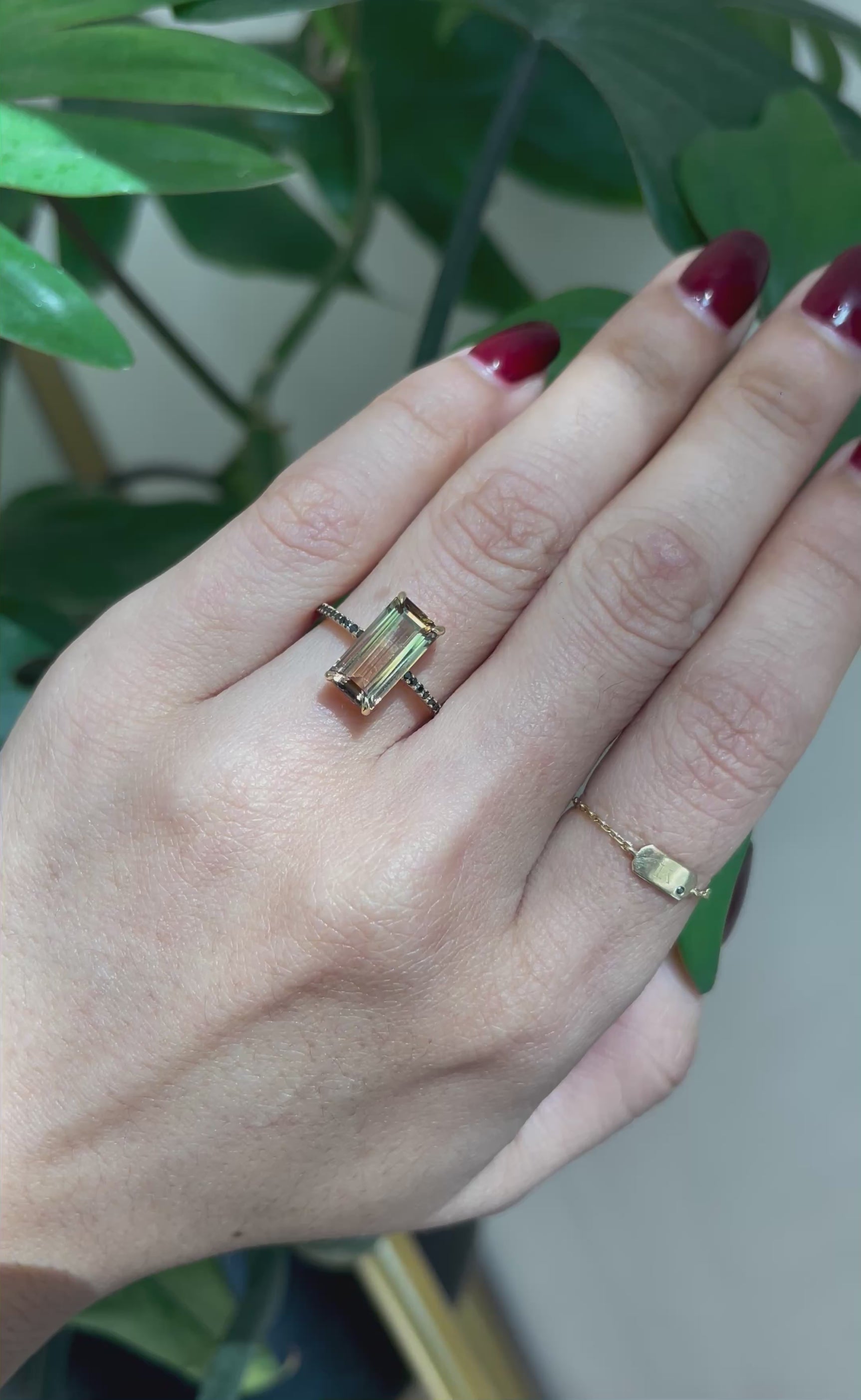 Color Change Watermelon Tourmaline Protection Ring 18k gold engagement ring on model