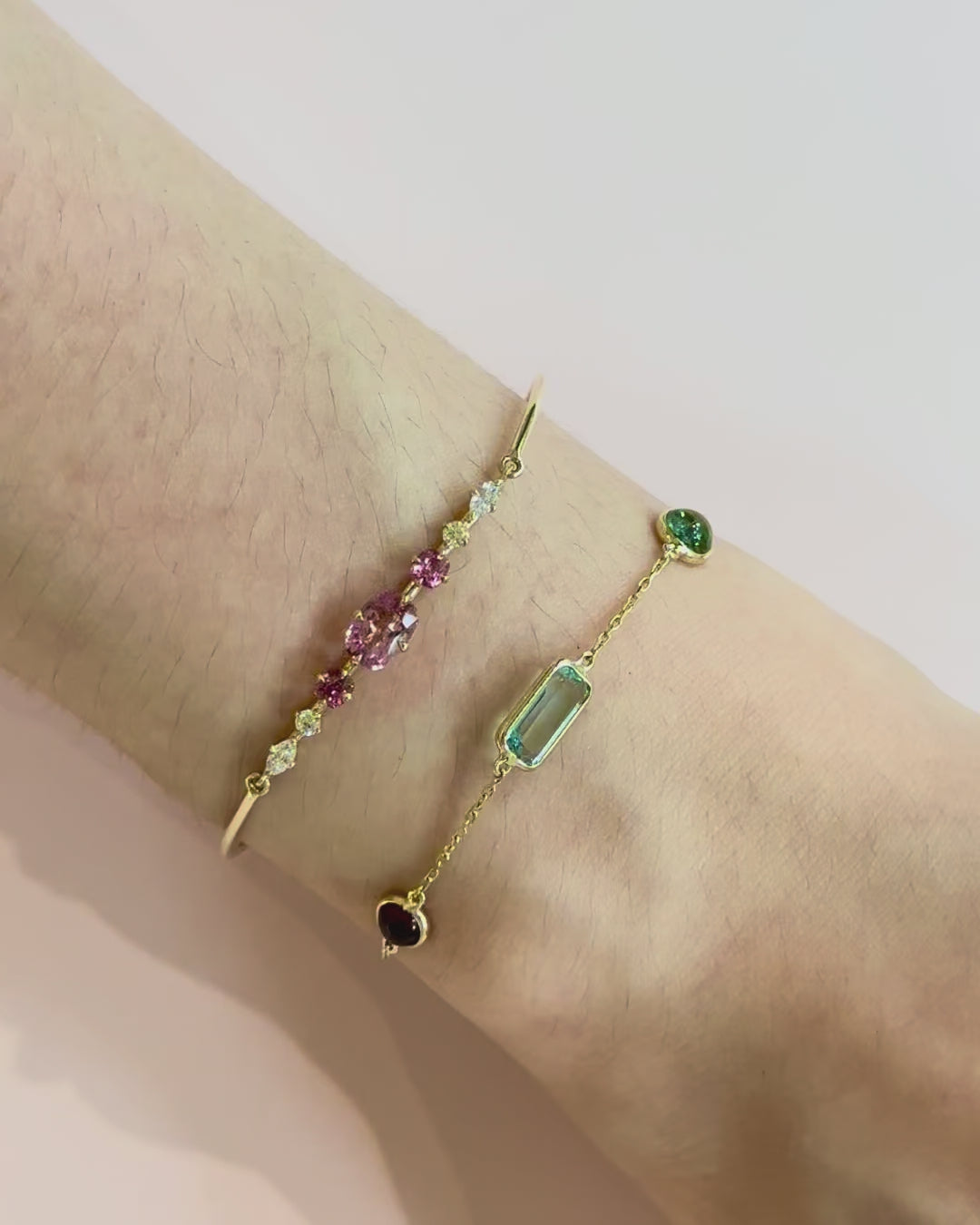 Pink_Spinel_and_Diamond_Compass_Bangle_Light_Pink_18K_gold_stackable_design_on_model_video