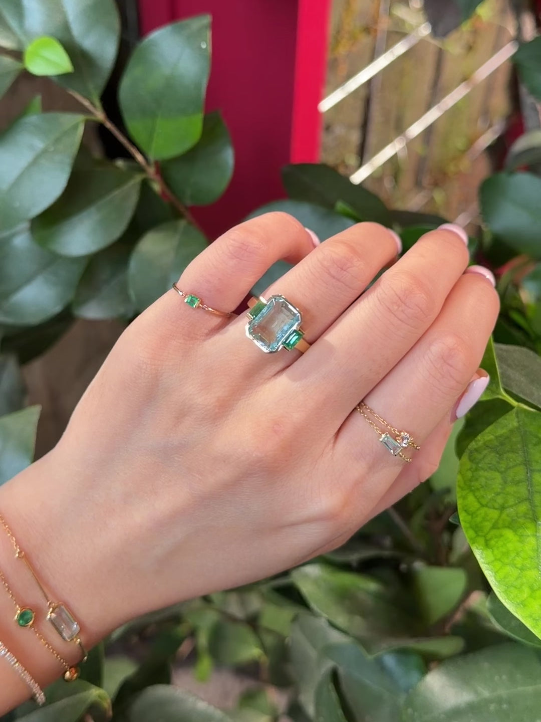 Aquamarine & Emerald Deco Spring Supreme Ring 18k gold engagement ring