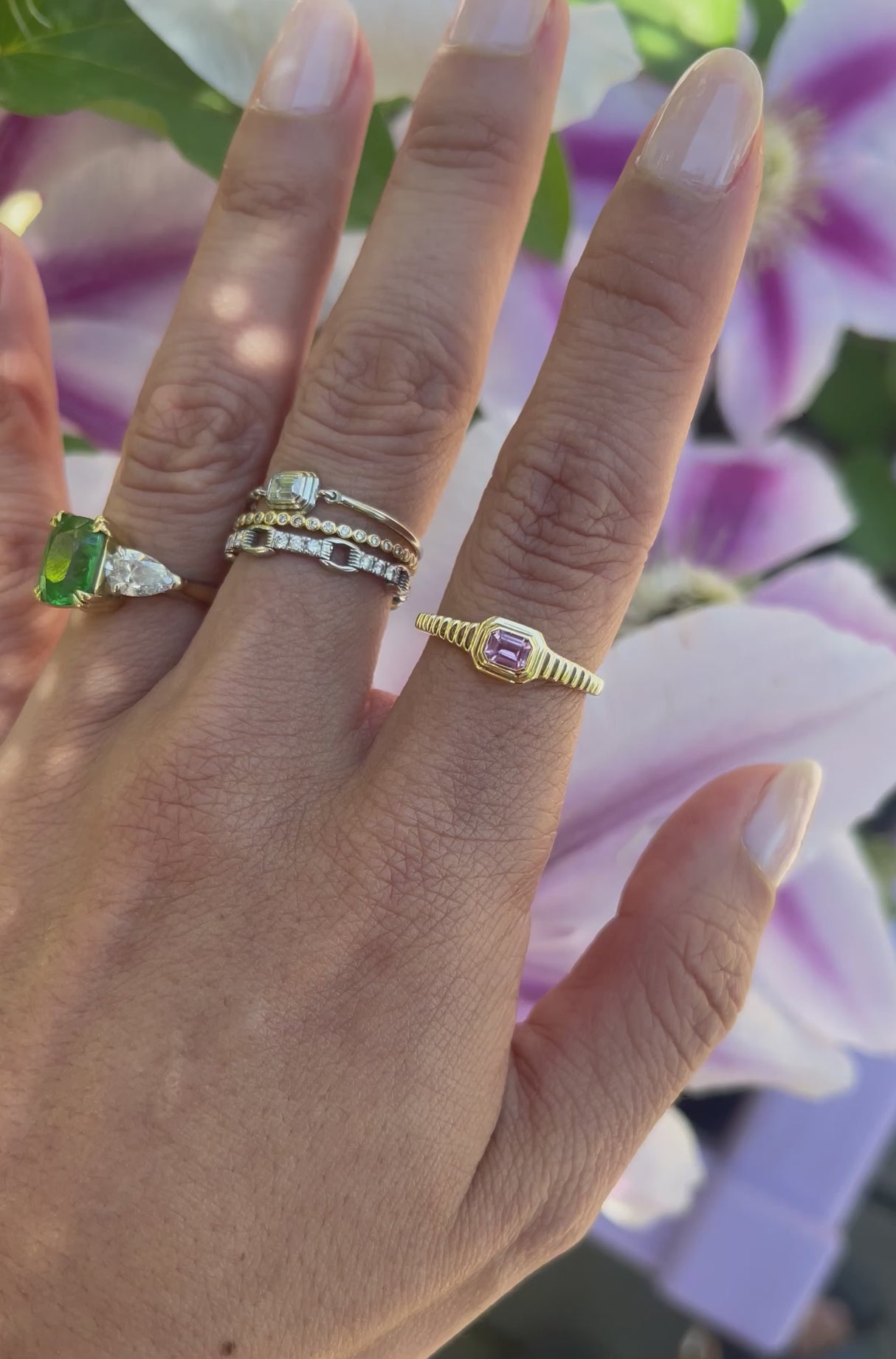 Pink Sapphire Frame Ring 18k gold Stackable ring on model