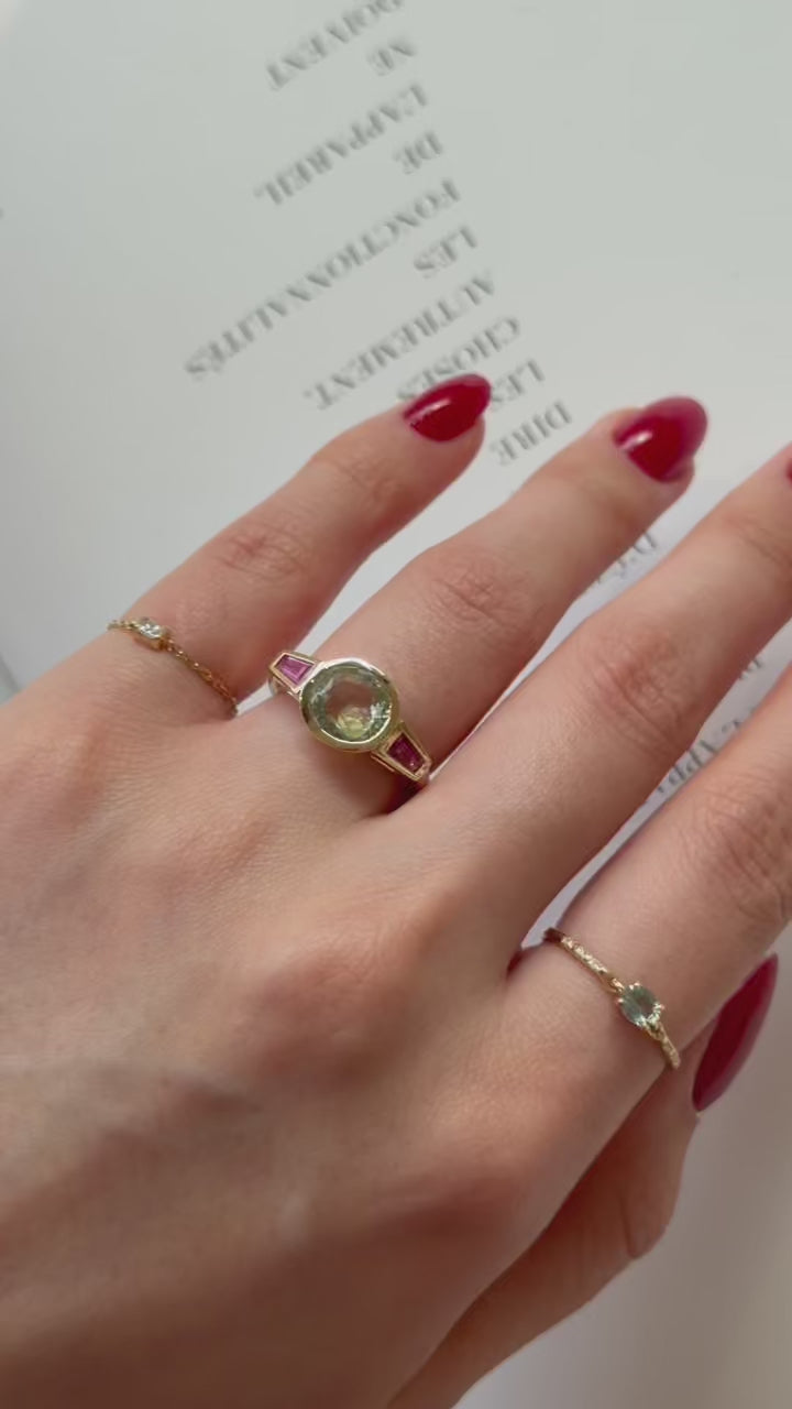 Unheated Green Sapphire & Ruby Triplet Ring 18k gold stackable ring on model