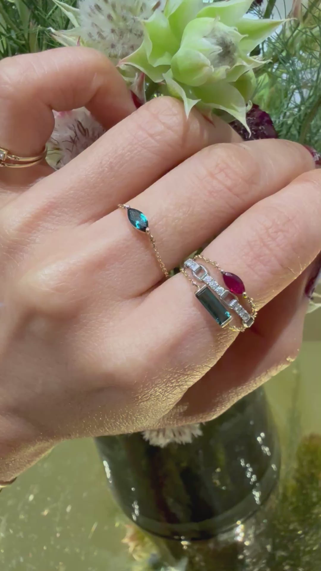 Indicolite Marquise Chain Ring 14k gold Stackable ring on model