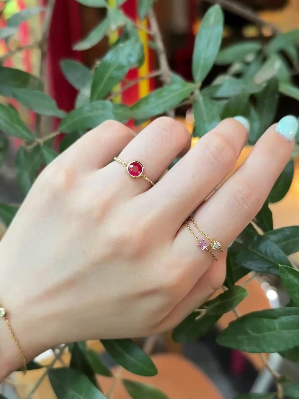 Red Spinel Petite Circle Diamond Ring 18k gold Stackable ring 