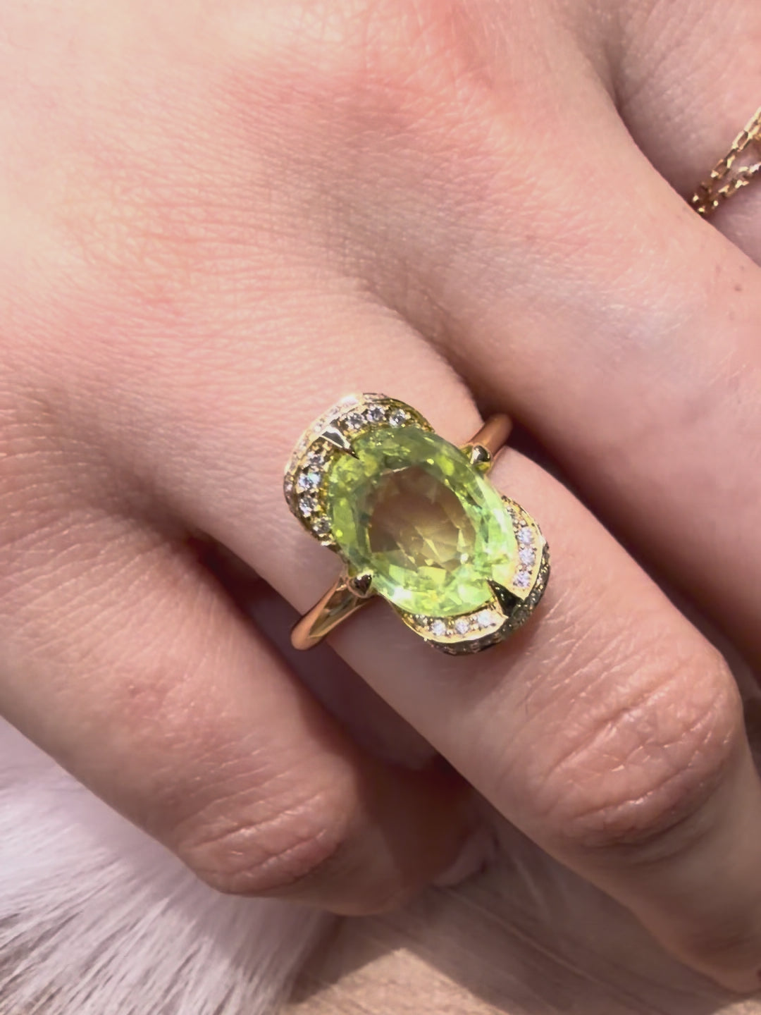 Yellow Chrysoberyl Aurora Ring 18k gold engagement ring on model