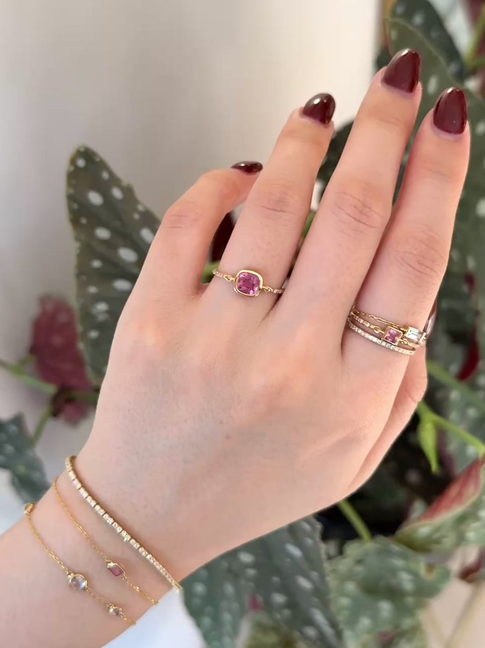 Purple Pink Spinel Petite Circle Diamond Ring 18k gold stackable ring on model