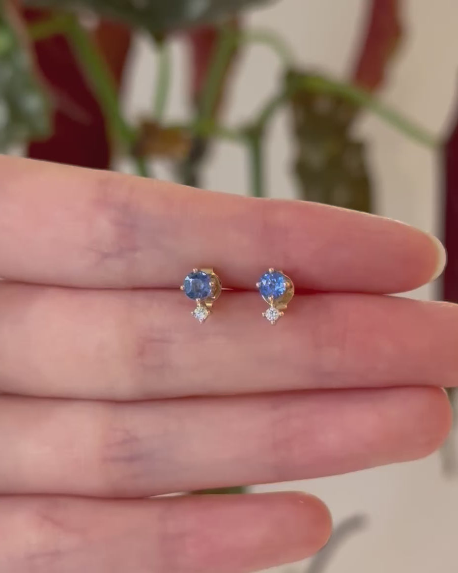 Cornflower Blue Ceylon Sapphire & Diamond Dot Studs