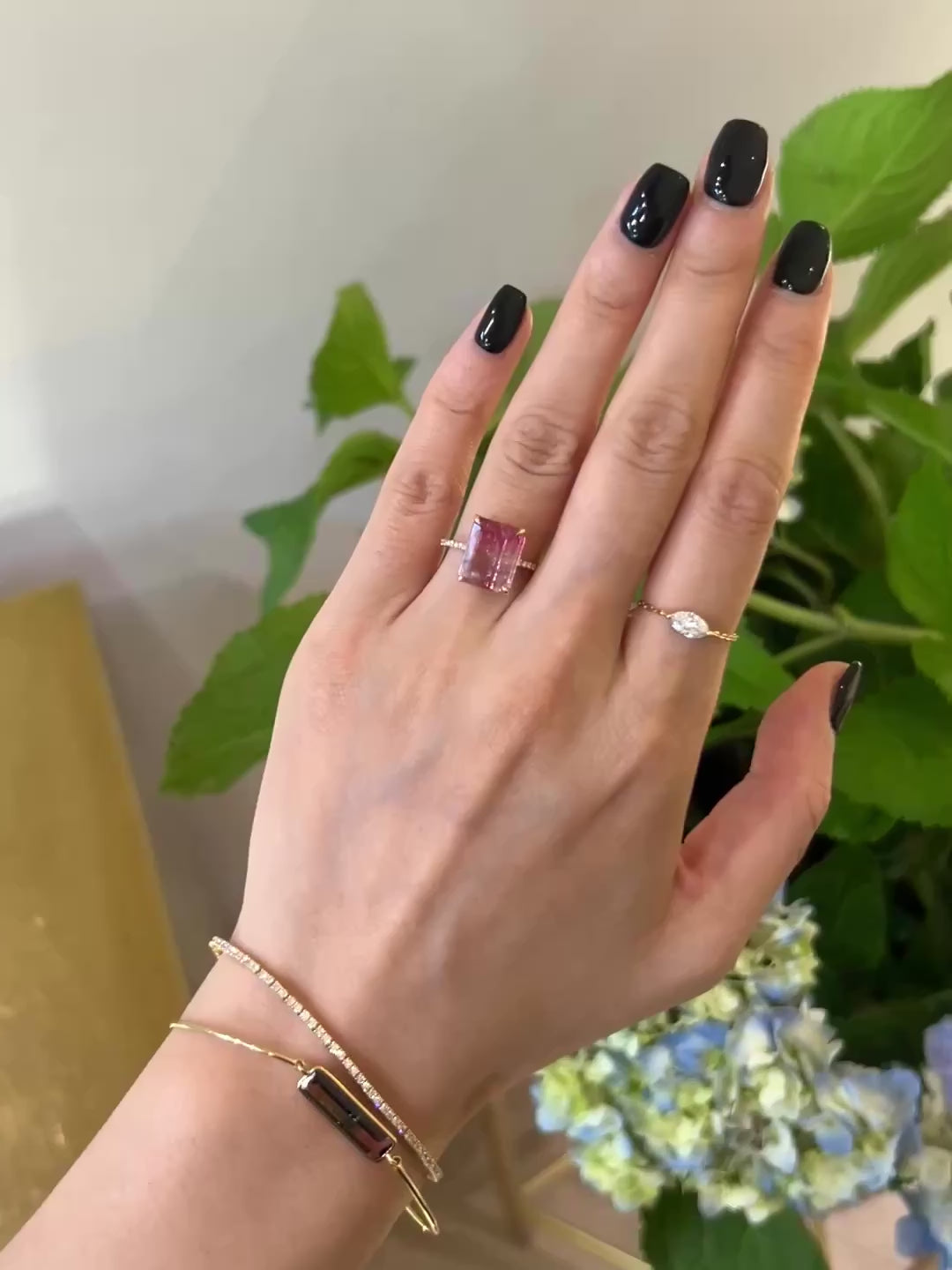 Flamingo Watermelon Tourmaline & Diamond Ring 18k gold engagement ring on model