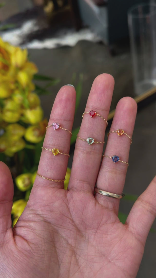 Orange Sapphire Heart Chain Ring 14k gold Stackable ring on model