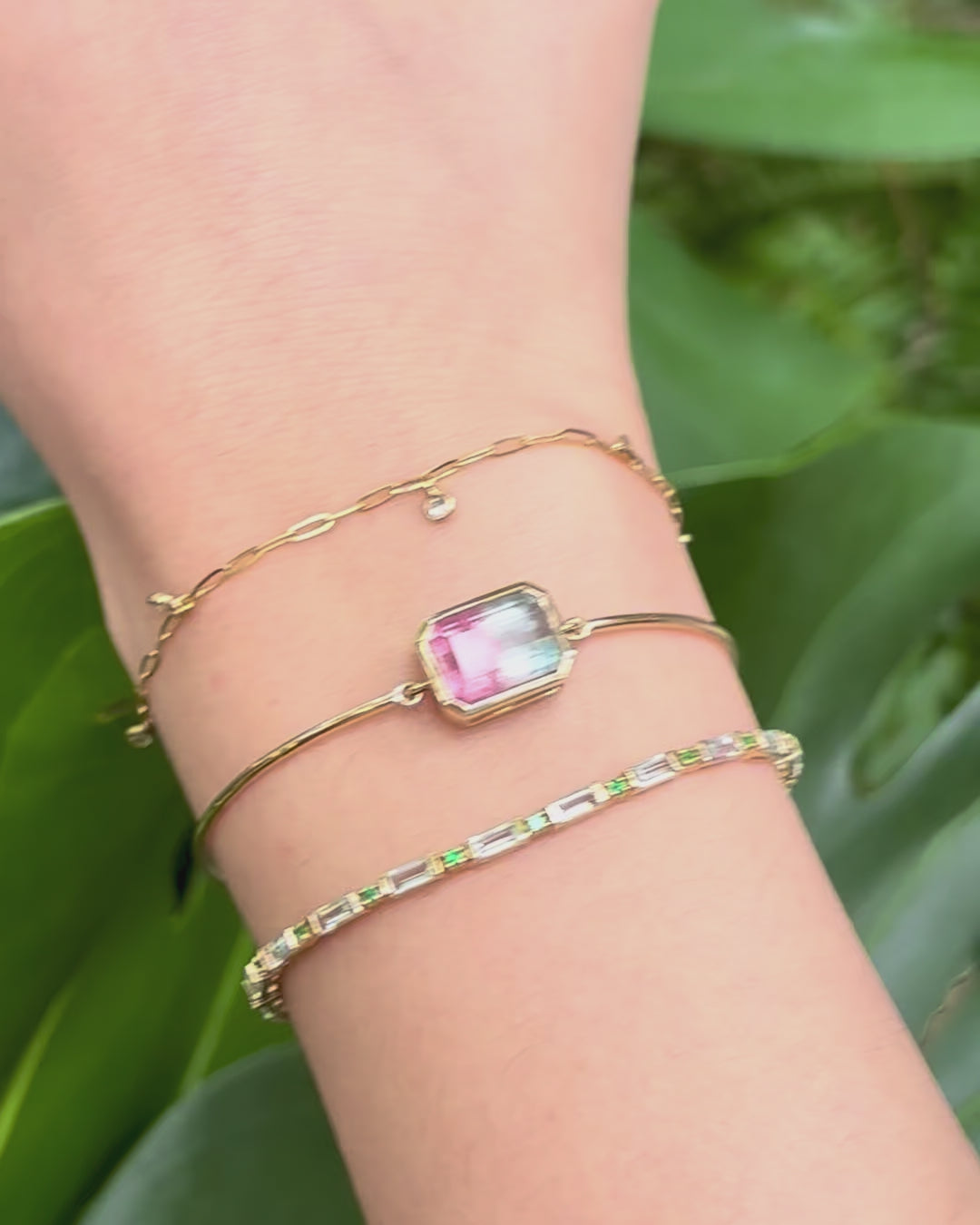 Watermelon_Tourmaline_Bangle_18K_gold_stackable_design_on_model_video