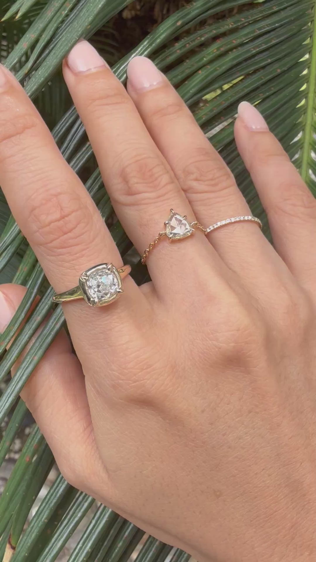 Old Mine Diamond Cushion Ring 18k gold engagement ring on model