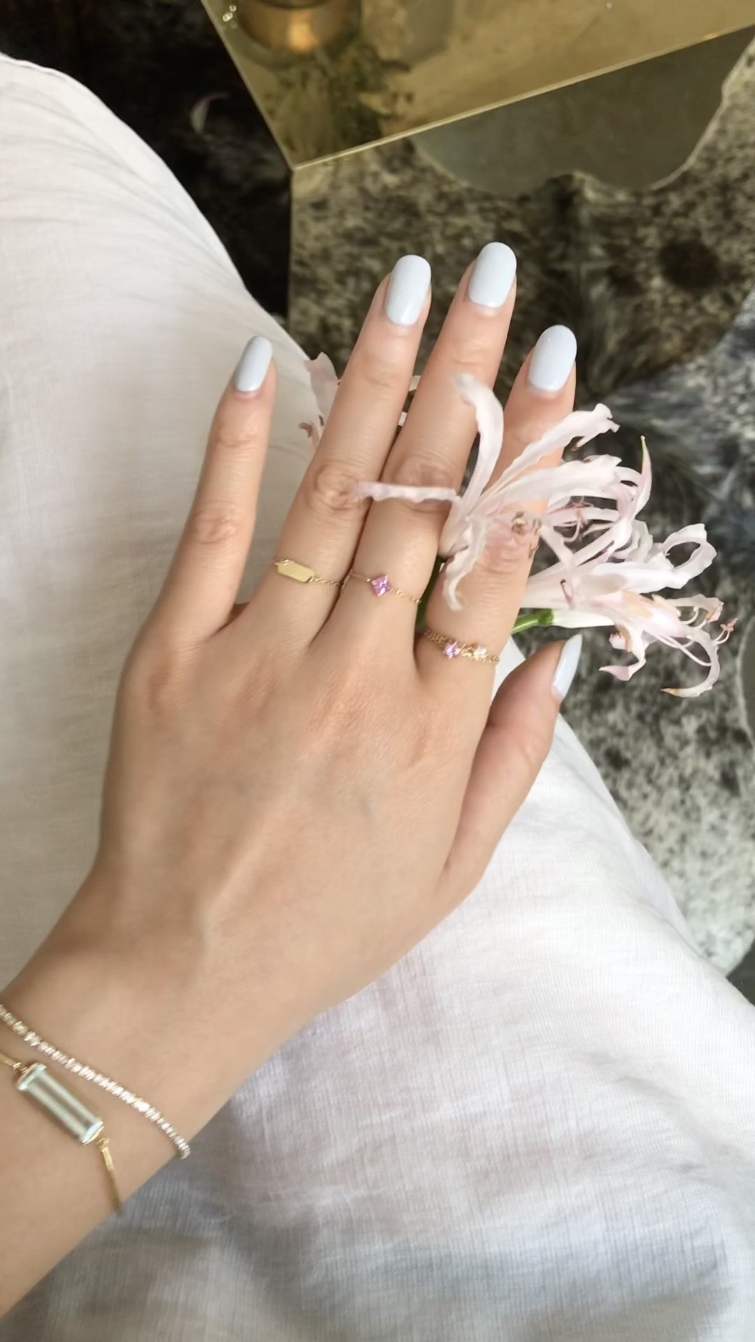 Pink Sapphire Princess Chain Ring 14k gold Stackable ring on model