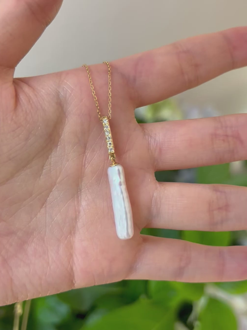 Akoya Pearl & Diamond Bar Pendant Necklace 18k handmade fine jewelry