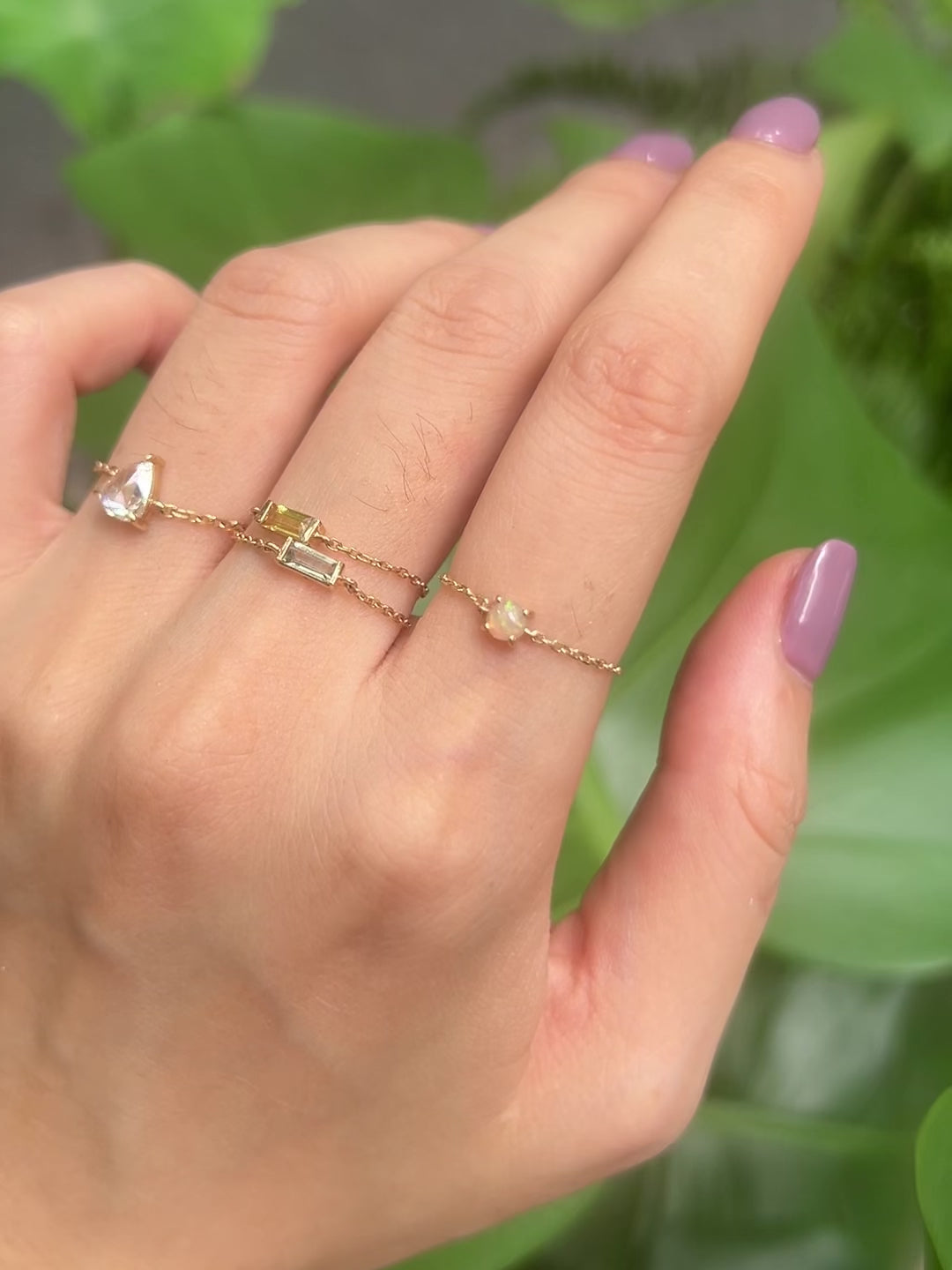 Opal Dot Chain Ring 14k gold Stackable ring on model