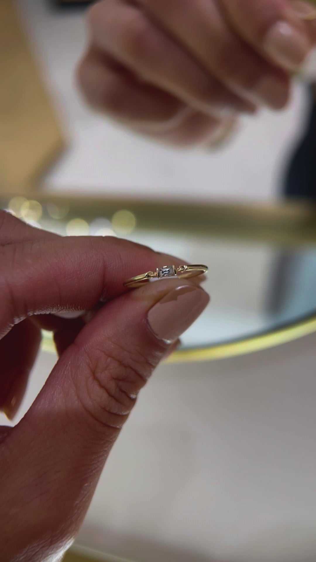 Diamond Baguette Petite Circle Ring 14k gold Stackable ring on model