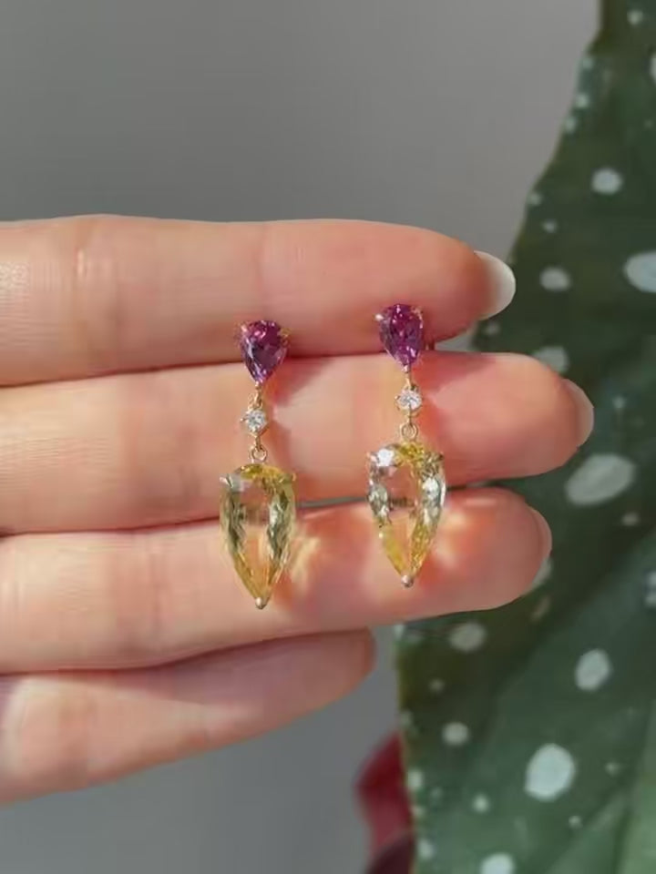 Rhodolite & Yellow Beryl Dewdrop Earrings 18k gold stackable design
