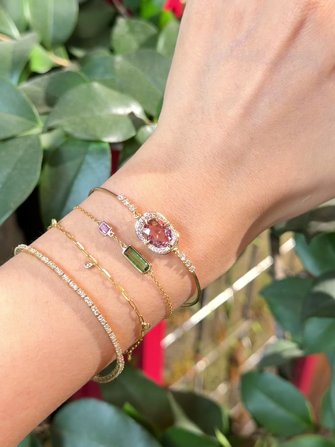 Pink Tourmaline Aurora Bangle 18k gold Stackable design 