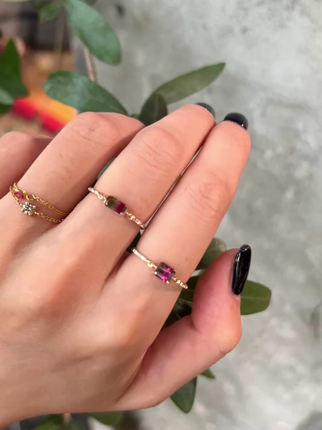 Watermelon Tourmaline petite Circle Diamond Ring 14k gold Stackable ring